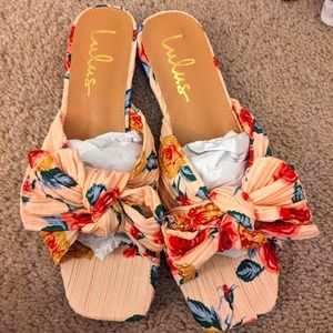 NWT Lulu's Pink Floral Pleated Bow Slide Sandals, size 7.5